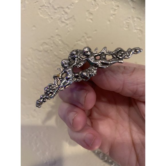 VTG Silver Tone Cherub Victorian Rose Swag Brooch Push Pin Clasp Detailed Ornate - Picture 2 of 9